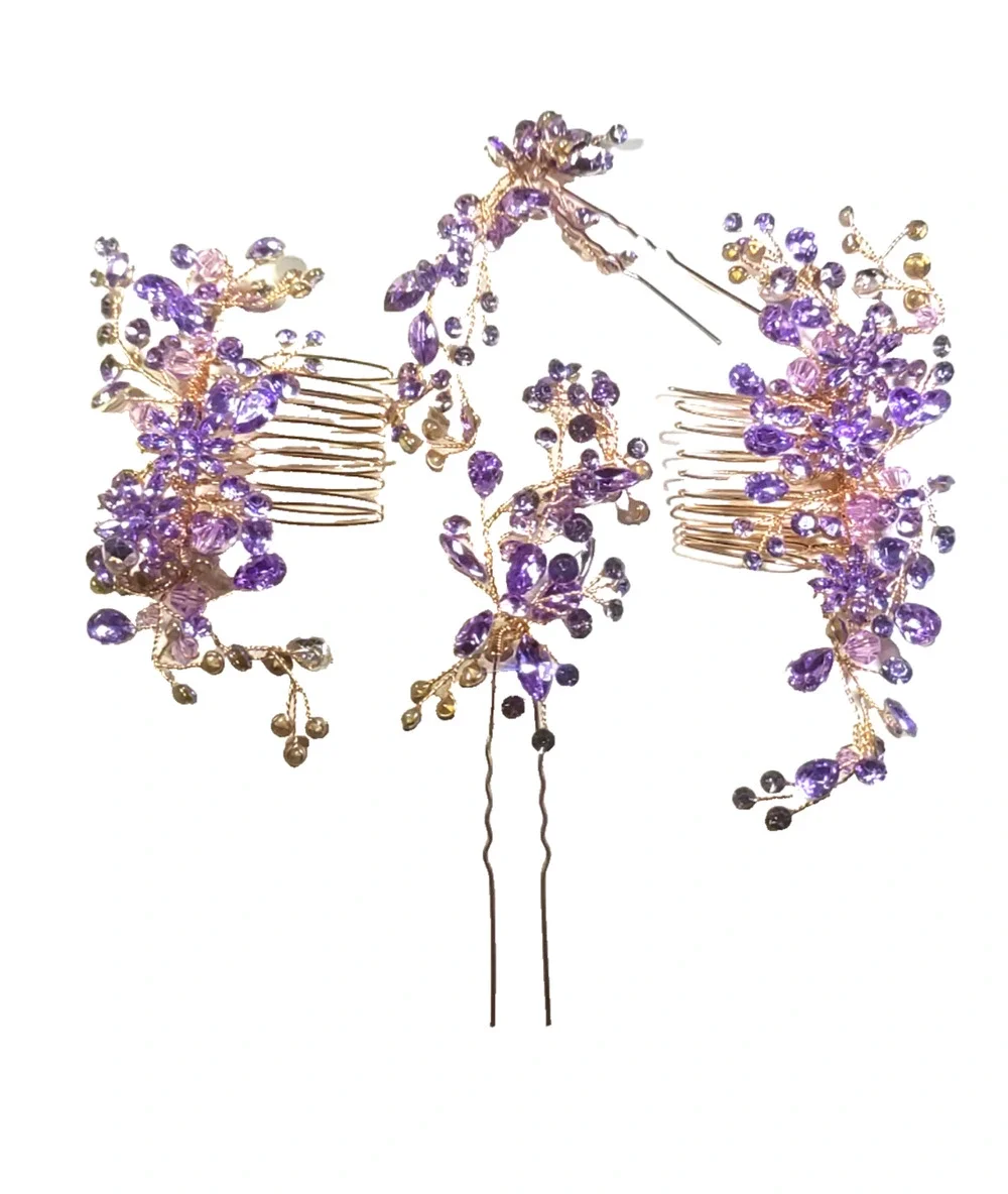 Barrettes Hair Picks And Combs Gold Tone Purple Rhinestone Fancy Party Prom...